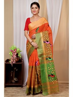 DipDiya - Women Ganga Chari Orange Pure Cotton Traditional Bengali Saree without Blouse