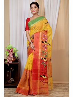 DipDiya - Women Ganga Chari Yellow Pure Cotton Traditional Bengali Saree without Blouse
