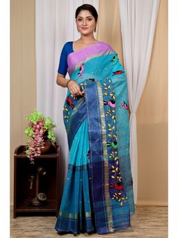 DipDiya - Women Ganga Chari Blue Pure Cotton Traditional Bengali Saree without Blouse