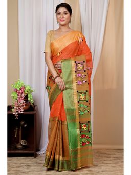 DipDiya - Women Ganga Gajo Orange Pure Cotton Traditional Bengali Saree without Blouse