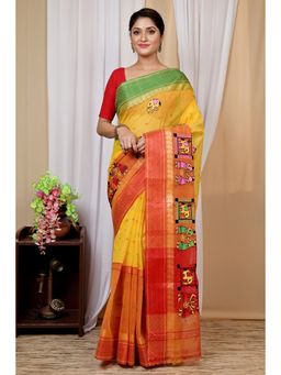 DipDiya - Women Ganga Gajo Yellow Pure Cotton Traditional Bengali Saree without Blouse
