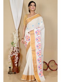 DipDiya - Women Askiti White Pure Cotton Bengali Embroidery Tant Saree without Blouse