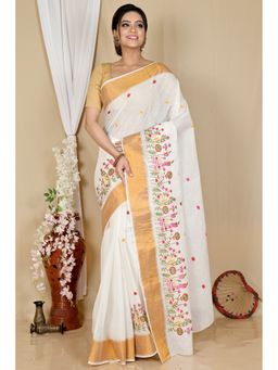 DipDiya - Women Askiti White Pure Cotton Bengali Embroidery Tant Saree without Blouse