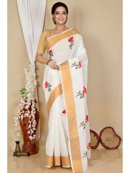 DipDiya - Women Askiti White Pure Cotton Bengali Embroidery Tant Saree without Blouse