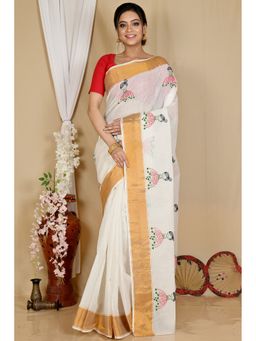DipDiya - Women Askiti White Pure Cotton Bengali Embroidery Tant Saree without Blouse