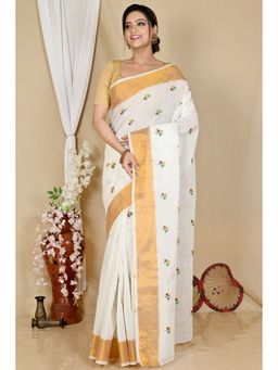 DipDiya - Women Leome White Pure Cotton Traditional Bengali Saree without Blouse