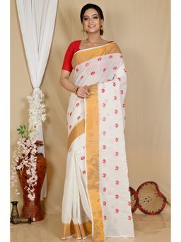 DipDiya - Women Leome White Pure Cotton Traditional Bengali Saree without Blouse