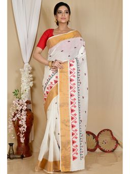 DipDiya - Women Leome White Pure Cotton Traditional Bengali Saree without Blouse
