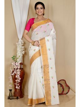 DipDiya - Women Leome White Pure Cotton Traditional Bengali Saree without Blouse