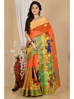 DipDiya - Women Ganga Bok Orange Pure Cotton Traditional Bengali Saree without Blouse