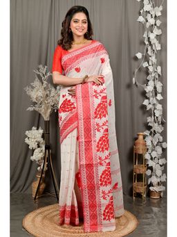 DipDiya - Women Variti Embattle White Pure Cotton Traditional Bengali Saree without Blouse