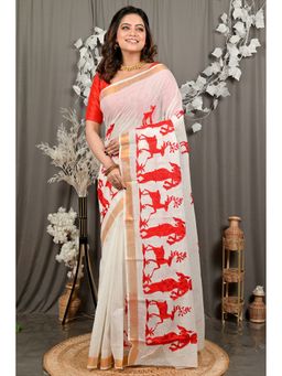 DipDiya - Women Variti Embattle White Pure Cotton Traditional Bengali Saree without Blouse