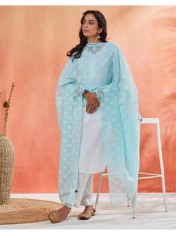 Fabindia - Women Aqua Cotton Embroidered Dupatta