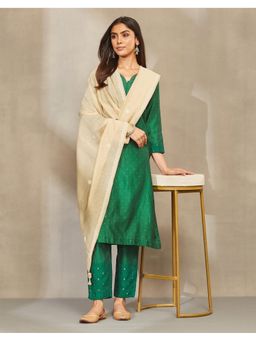 Fabindia - Women Beige Cotton Embroidered Dupatta
