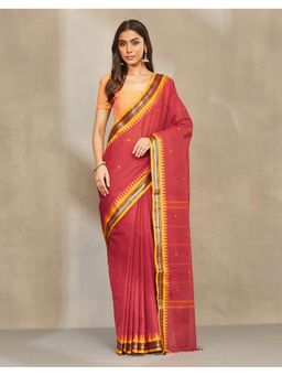 Fabindia - Women Maroon Cotton Blend Saree without Blouse