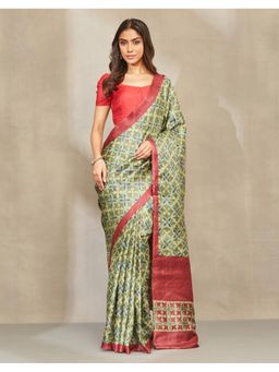 Fabindia - Women Olive Silk Hand Block Print Saree without Blouse
