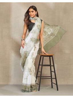 Fabindia - Women Green Natural Cotton Silk Hand Block Print Saree without Blouse