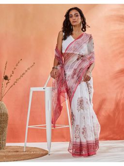 Fabindia - Women Pink Natural Cotton Silk Hand Block Print Saree without Blouse