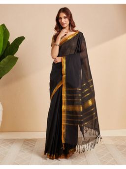 Fabindia - Women Black Cotton Blend Saree without Blouse