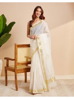 Fabindia - Women Natural Off White Cotton Woven Wonders Blend Saree without Blouse