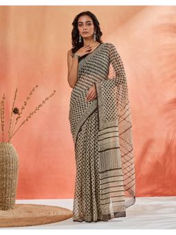 Fabindia - Women Black Cotton Silk Bagru Saree without Blouse