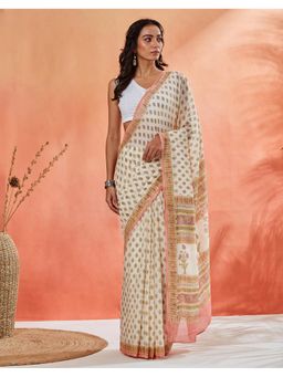 Fabindia - Women Off White Natural Cotton Hand Block Print Saree without Blouse