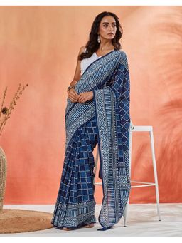 Fabindia - Women Indigo Cotton Hand Block Print Saree without Blouse