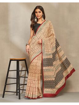 Fabindia - Women Beige Cotton Bagh Saree without Blouse