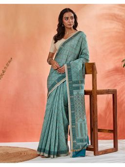 Fabindia - Women Turquoise Cotton Silk Blend Hand Block Print Saree without Blouse