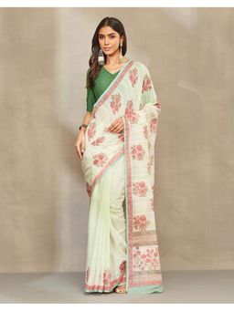 Fabindia - Women Green Cotton Hand Block Print Saree without Blouse