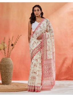 Fabindia - Women Pink Cotton Silk Hand Block Print Saree without Blouse