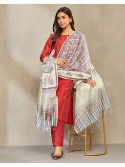 Fabindia - Women Off White Cotton Floral Dupatta