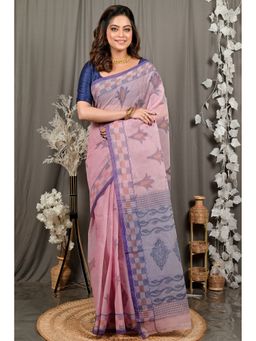 DipDiya - Women Devai Peach Pure Cotton Bengali Printed Tant Saree without Blouse