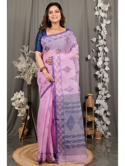 DipDiya - Women Devai Purple Pure Cotton Bengali Printed Tant Saree without Blouse