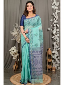 DipDiya - Women Devai Green Pure Cotton Bengali Printed Tant Saree without Blouse