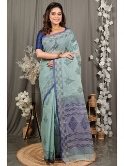 DipDiya - Women Devai Green Pure Cotton Bengali Printed Tant Saree without Blouse