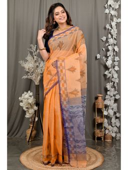 DipDiya - Women Devai Orange Pure Cotton Bengali Printed Tant Saree without Blouse