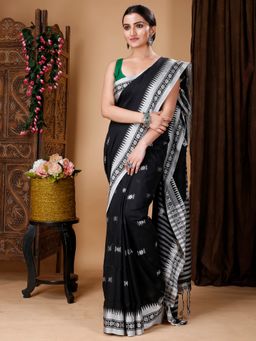 Ruuprekha - Women Black Handloom Pure Cotton Saree with Unstitched Blouse