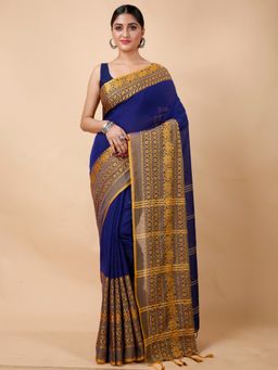 Ruuprekha - Women Blue Handloom Pure Cotton Saree with Unstitched Blouse