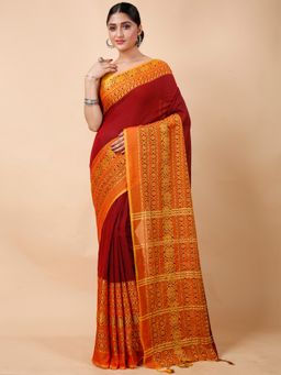 Ruuprekha - Women Maroon Handloom Pure Cotton Saree with Unstitched Blouse