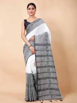 Ruuprekha - Women White & Grey Handloom Pure Cotton Saree with Unstitched Blouse