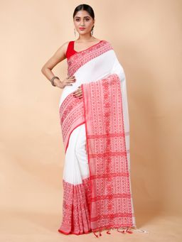Ruuprekha - Women White & Red Handloom Pure Cotton Saree with Unstitched Blouse