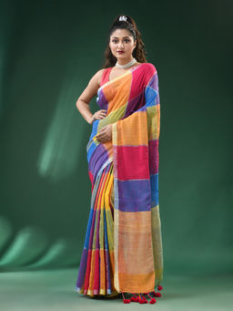 Ruuprekha - Women Yellow Colorblock Pure Linen Khadi Saree with Unstitched Blouse