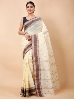 Ruuprekha - Women Cream Woven Tant Cotton Blend Pre Draped Saree without Blouse