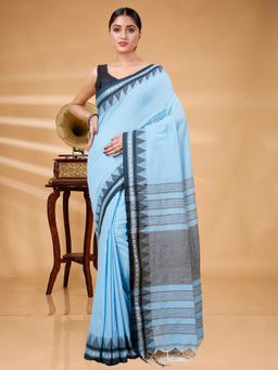 Ruuprekha - Women Blue Woven Handloom Pure Cotton Saree with Unstitched Blouse