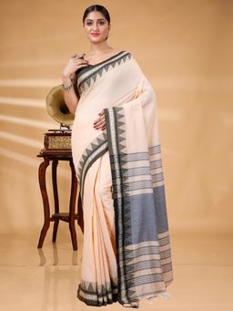 Ruuprekha - Women Cream Woven Handloom Pure Cotton Saree with Unstitched Blouse