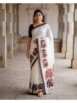 Anjaneya Sarees - Women White Designer Linen Silk Printed Saree with Unstitched Blouse