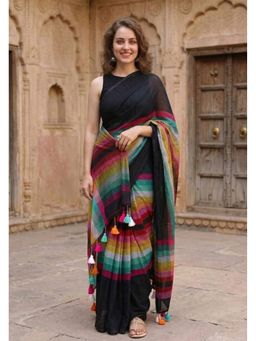 Anjaneya Sarees - Women Black Designer Linen Silk Printed Saree with Unstitched Blouse