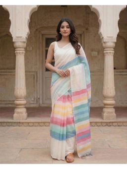 Anjaneya Sarees - Women White Designer Linen Silk Printed Saree with Unstitched Blouse