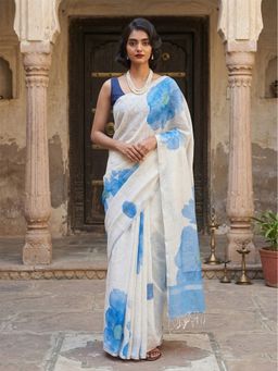 Anjaneya Sarees - Women Blue Designer Linen Silk Printed Saree with Unstitched Blouse